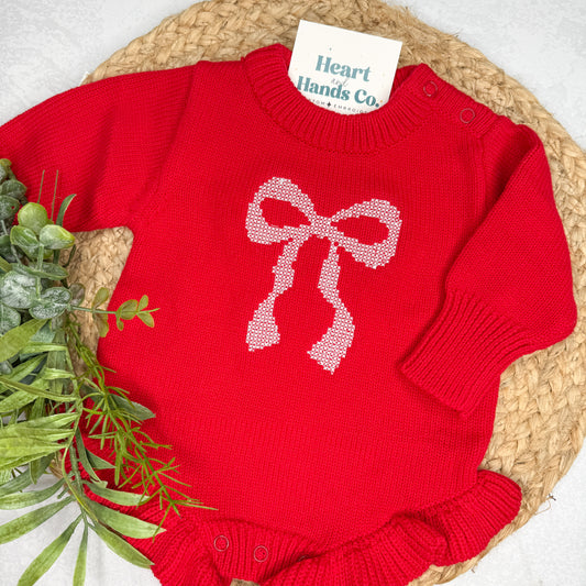 Red Knit Ruffle with Cross Stitch Bow