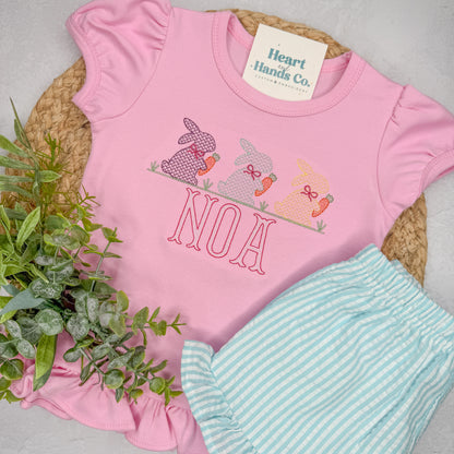 Easter Girl Cross Stitch Bunny Trio Ruffle Tee