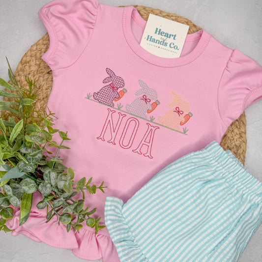 Easter Girl Cross Stitch Bunny Trio Ruffle Tee